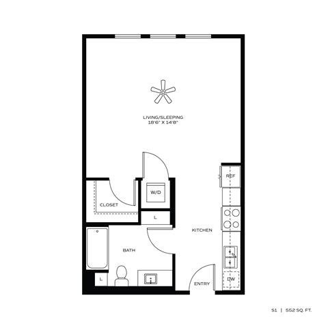 Floor plan for studio, 1 bath, 552 sqft